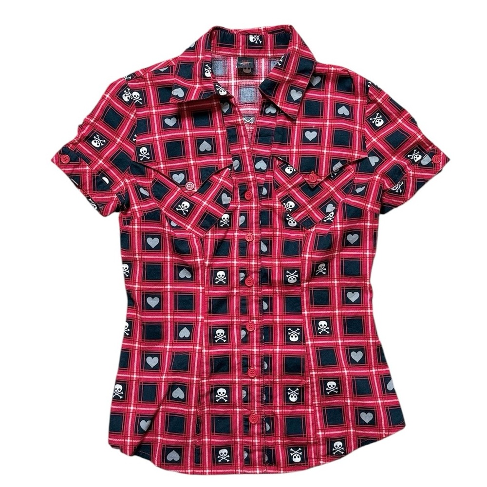 Y2K Sweet Love Skull & Hearts Blouse Shirt Top Black Red Checkered S Small XS